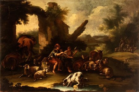 Domenico Brandi (Napoli, 1684 - 1736) Paesaggio con pastore e armenti Olio su...