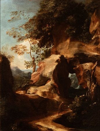Salvator Rosa (cerchia di) (Napoli, 1615 - 1673) Paesaggio con frate...