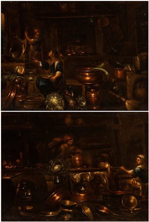 Gian Domenico Valentino (Roma , 1639 - Imola, 1715) a) Cucina con due cuoche,...