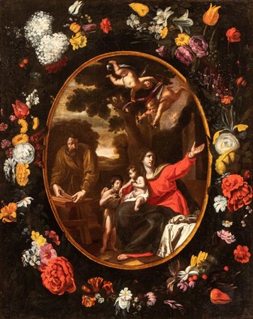 Artista emiliano, XVII secolo Ghirlanda di fiori con Sacra Famiglia e San...