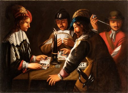 Artista nord-europeo, XVIII secolo Giocatori di carte Olio su tela cm. 66x21,5