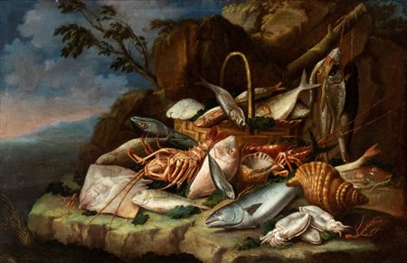 Giacomo Nani (Porto Ercole, 1698 - Napoli, 1755) Natura morta con pesci e...