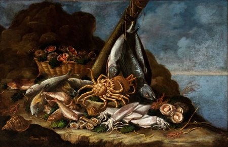 Giacomo Nani (Porto Ercole, 1698 - Napoli, 1755) Natura morta con pesci,...