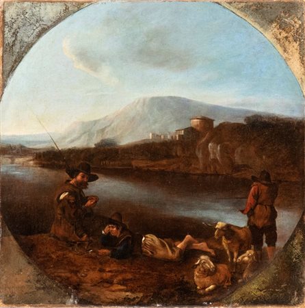 Bambocciante attivo a Roma, XVII secolo Pastori a riposo presso un corso...