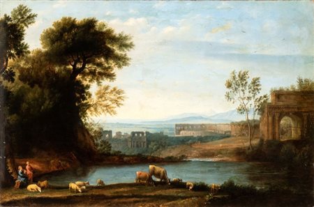 Artista attivo a Roma, prima metà XVIII secolo Paesaggio con pastori e greggi...