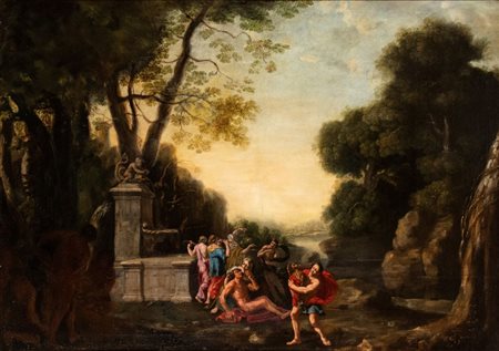 Artista attivo a Roma, XVII secolo Paesaggio con fontana, corso d'acqua e...
