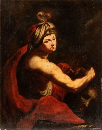 Artista emiliano, XVIII secolo Davide con la testa di Golia Olio su tela cm....