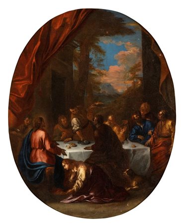 Artista emiliano, XVIII secolo Lavanda dei piedi Olio su tela cm. 83x65. Con...