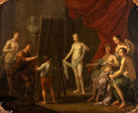 Artista fiammingo, XVIII secolo L'atelier del pittore Olio su tela cm....