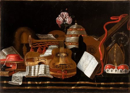 Artista lombardo, fine XVII - inizio XVIII secolo Vanitas con spartiti,...