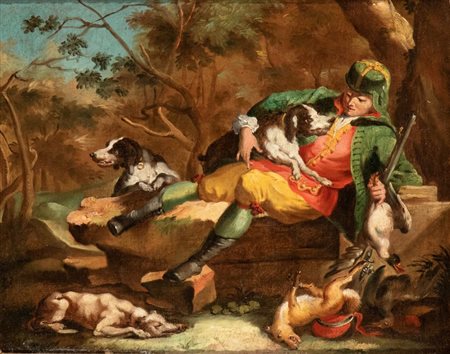 Artista austriaco, XVIII secolo Cacciatore con cani e selvaggina Olio su tela...
