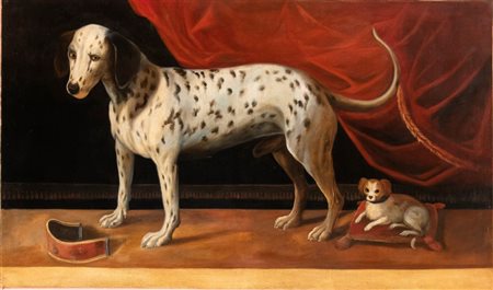 Artista attivo a Roma, XVIII secolo Setter e cavalier king Olio su tela cm....