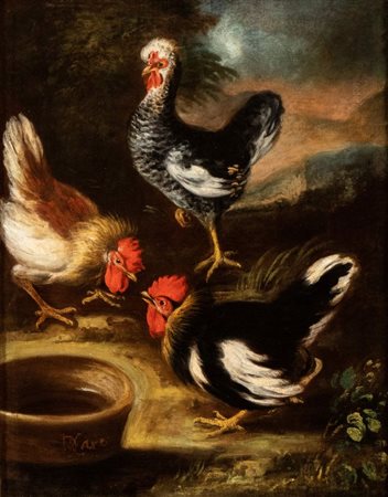 Baldassarre De Caro (Napoli, 1689 - 1750) Natura viva con combattimento di...