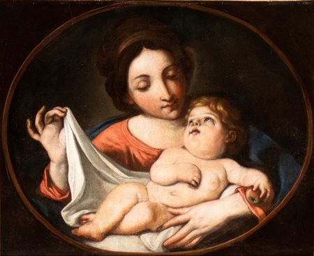 Artista emiliano, XVII secolo Madonna con Bambino Olio su tela cm. 61x74,5....