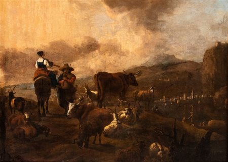 Nicolaes Berchem (ambito di) (Haarlem, 1620 - Amsterdam, 1683) Paesaggio con...