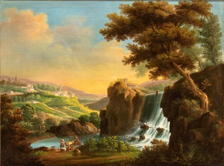 Artista attivo in Italia, XVIII secolo Paesaggio con cascata, pastori con...