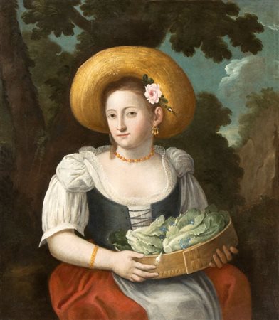 Artista lombardo, XVIII secolo Ritratto di villana il giorno del mercato Olio...