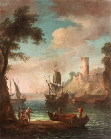 Artista attivo a Roma, XVIII secolo Veduta di porto con imbarcazioni e figure...