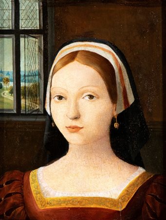 Artista fiammingo, XVI secolo Ritratto di dama con orecchini di rubino Olio...