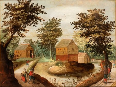 Artista fiammingo, XVII secolo Paesaggio con specchio d'acqua, caseggiato e...