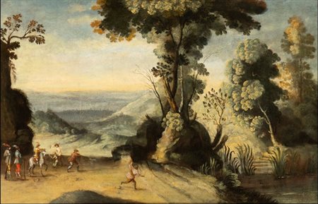 Artista fiammingo, XVIII secolo Paesaggio con agguato di briganti Olio su...