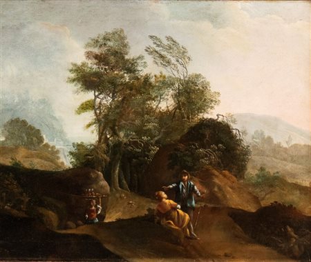 Artista attivo a Roma, XVII secolo Paesaggio con scena galante Olio su tela...