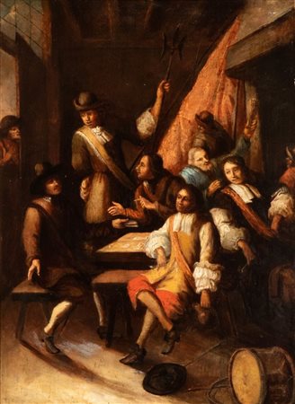 Artista olandese, XVII - XVIII secolo Interno d'osteria con giocatori di...