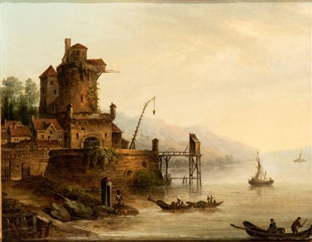 Artista fiammingo, XVIII secolo Marina con villaggio e imbarcazioni Olio su...