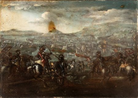 Artista fiammingo, XVII secolo Scontro di cavallerie con città fortificata...