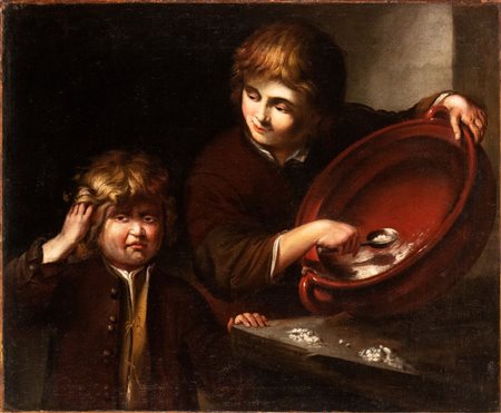 Artista lombardo, XVII secolo Scena di genere con due fanciulli in cucina...