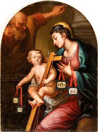Artista genovese, XVIII secolo Sacra Famiglia con i simboli della passione...