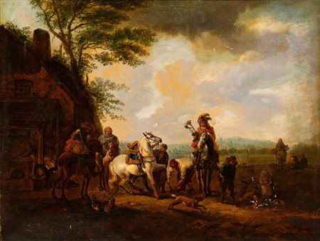 Philips Wouwerman (seguace di) (Haarlem, 1619 - 1668) Sosta di cacciatori dal...