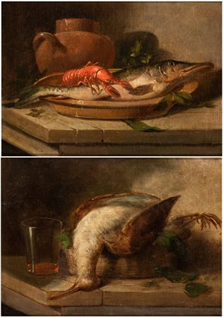 Nicola Levoli (ambito di) (Rimini, 1728 - 1801) a) Natura morta con pescato e...