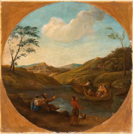 Artista emiliano, seconda metà XVII secolo Paesaggio con fiume, imbarcazioni...