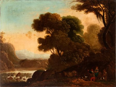 Artista attivo a Roma, XVII secolo Paesaggio con pastori, armenti e...