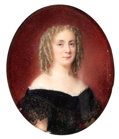 Cécile Villeneuve (Parigi, 1824 - 1901) Ritratto di dama con boccoli biondi...
