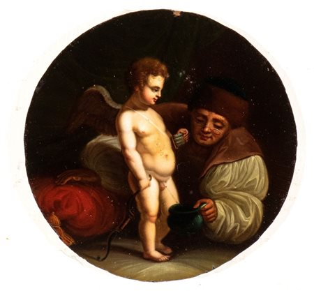 Artista fiammingo, XVIII-XIX secolo Amorino che minge Olio su tavoletta Ø cm....