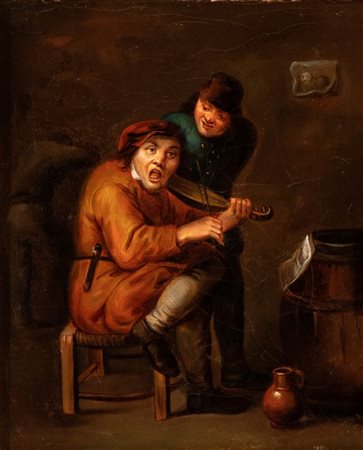 Artista fiammingo, XVII-XVIII secolo Interno d'osteria con cantore Olio su...