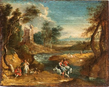 Artista fiammingo, XVII secolo Paesaggio con viandanti e un corso d'acqua...