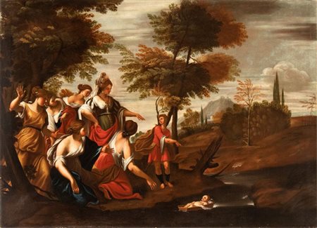 Artista emiliano, XVIII secolo Mosè salvato dalle acque del Nilo Olio su tela...