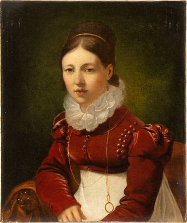 Artista anonimo, XIX secolo Ritratto di giovane dama con corpetto rosso Olio...