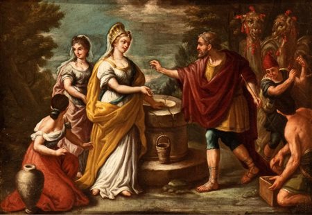 Artista emiliano, XVIII secolo Rebecca al pozzo Olio su tela cm. 50x66. Con...