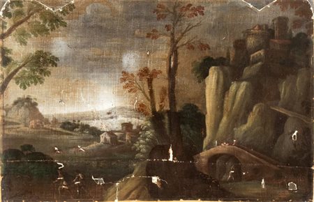 Artista attivo a Roma, XVII secolo Paesaggio con ponte e villaggio sullo...