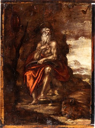 Artista lombardo, XVII secolo San Girolamo nel deserto Olio su tavola cm. 30x22