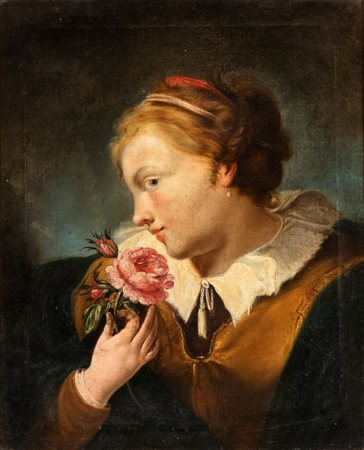 Artista italiano, XVIII secolo Ritratto di fanciulla con rosa Olio su tela...