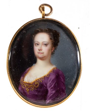 Artista inglese, XVIII - XIX secolo Ritratto di dama con vestito rosso Smalto...