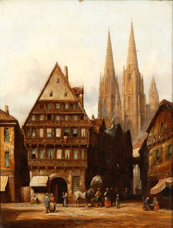 Henry Thomas Schafer (Londra, 1854 - 1916) Veduta cittadina con chiesa gotica...