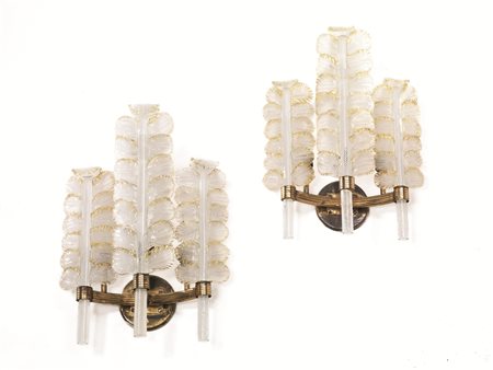 COPPIA DI APPLIQUES A TRE LUCI, 1950 CIRCA Manifattura Venini, MuranoVetro...