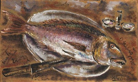 Filippo de Pisis(Ferrara 1896 - Milano 1956)PESCE E COLTELLOolio su cartone,...