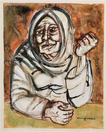 Giuseppe Migneco (Messina 1908 - 1997) RITRATTO FEMMINILE gouache su carta...